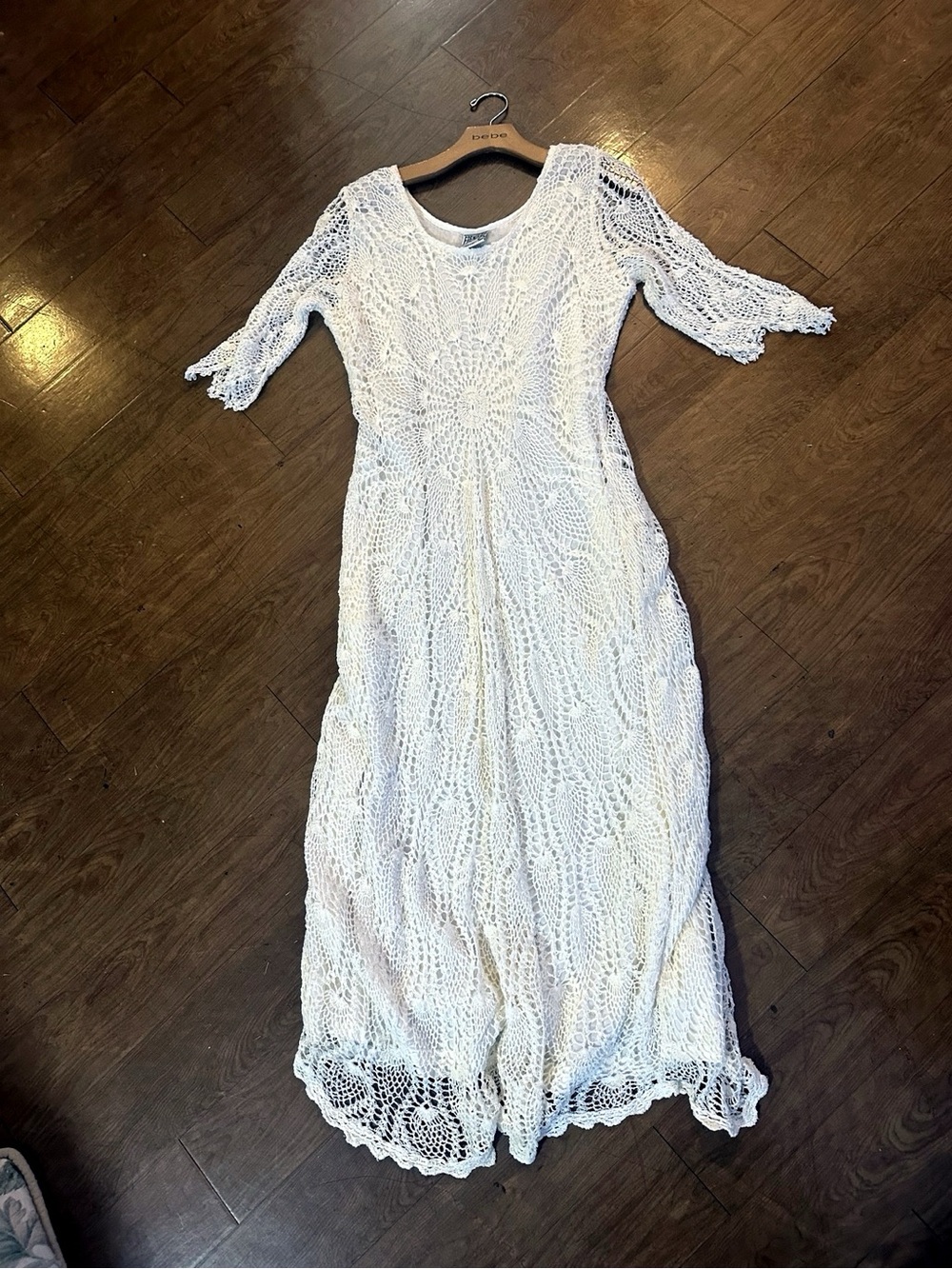 Vintage ivory, crocheted maxi dress, 100% cotton size large